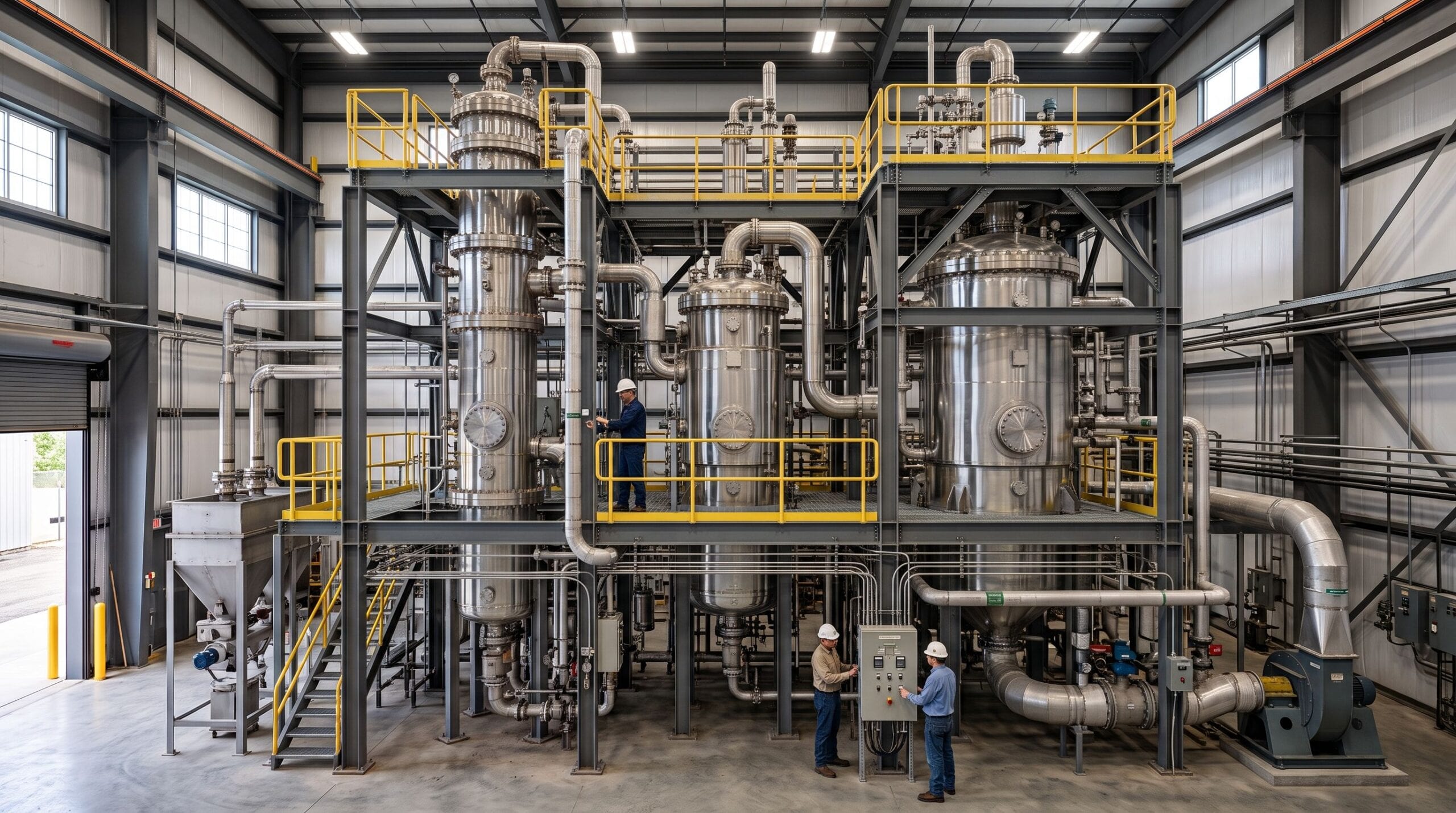A full industrial chemical-looping system with engineers working around stainless-steel process equipment.