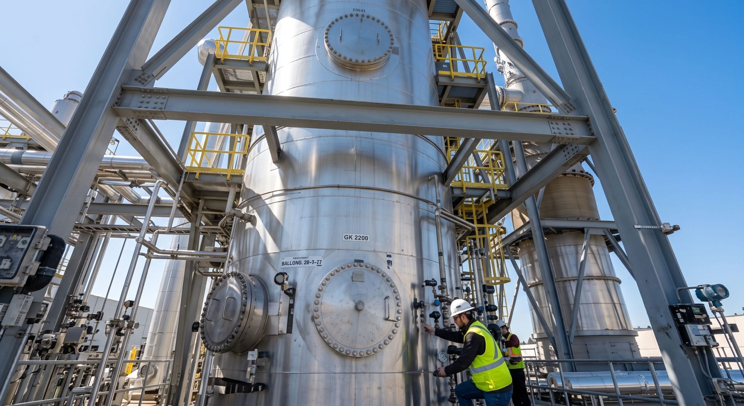 A close view of industrial chemical-looping equipment with an engineer inspecting a large stainless-steel vessel.